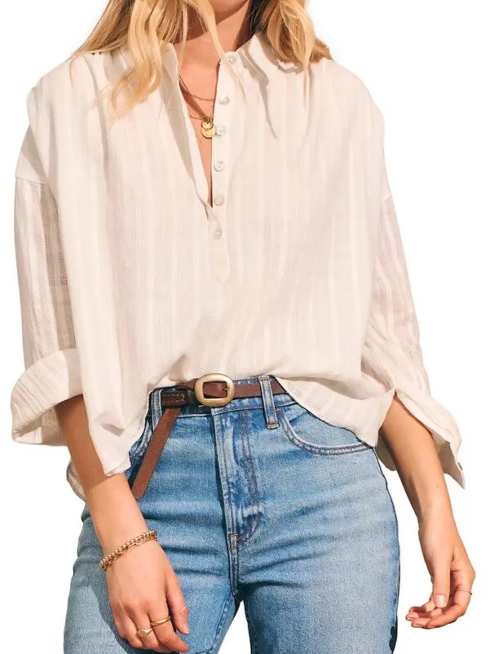 Faherty White Textured Long-Sleeve Button Popover